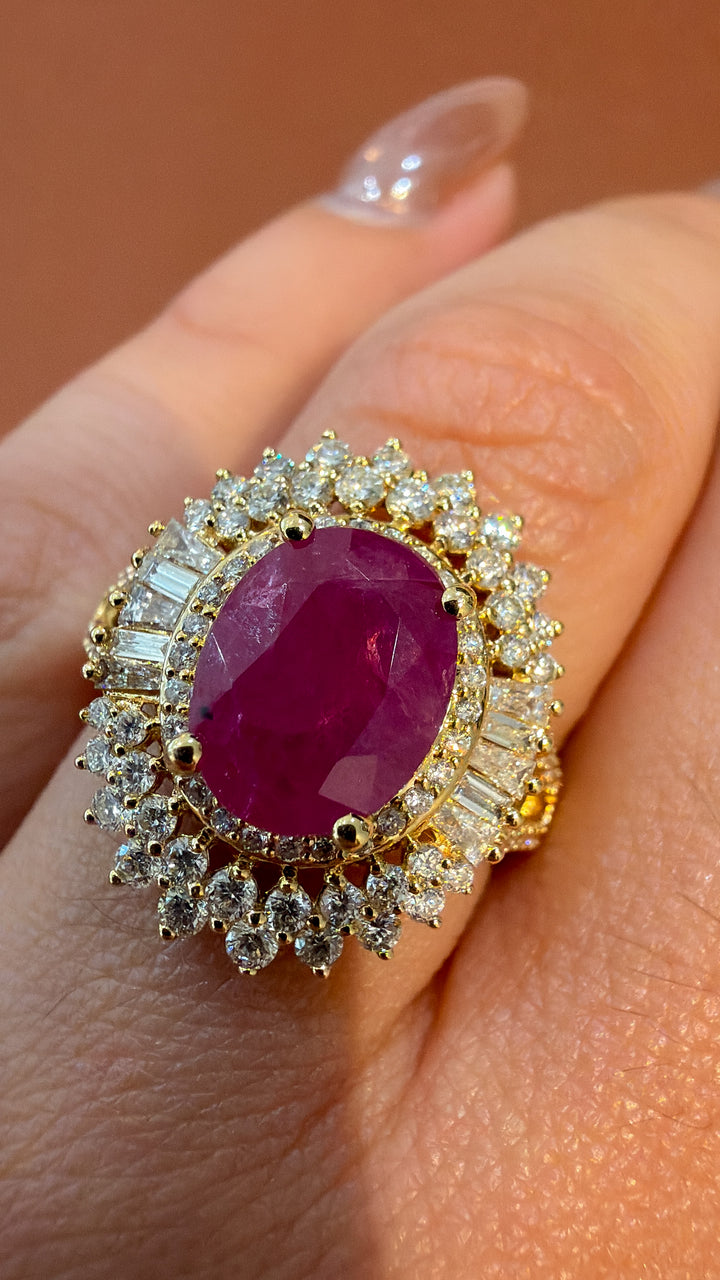 14K yellow gold 1.00 ct diamond and 3.80 ct Ruby Diana Inpired Ring