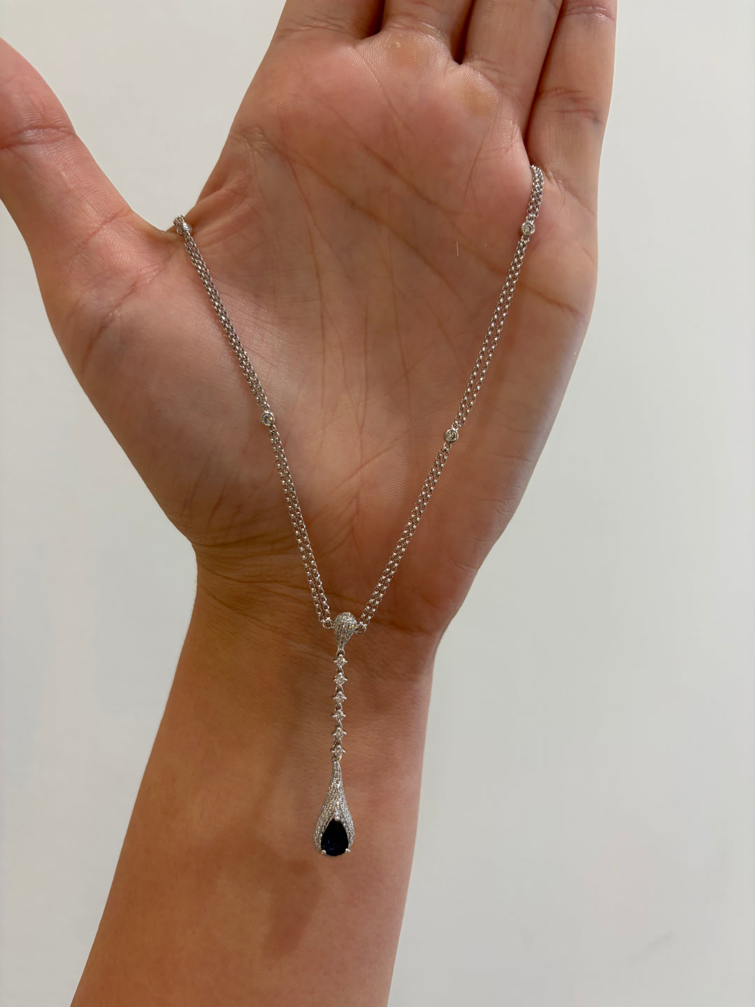 14K White Gold Fine Jewelry Diamonds and Sapphire Drop Necklace
