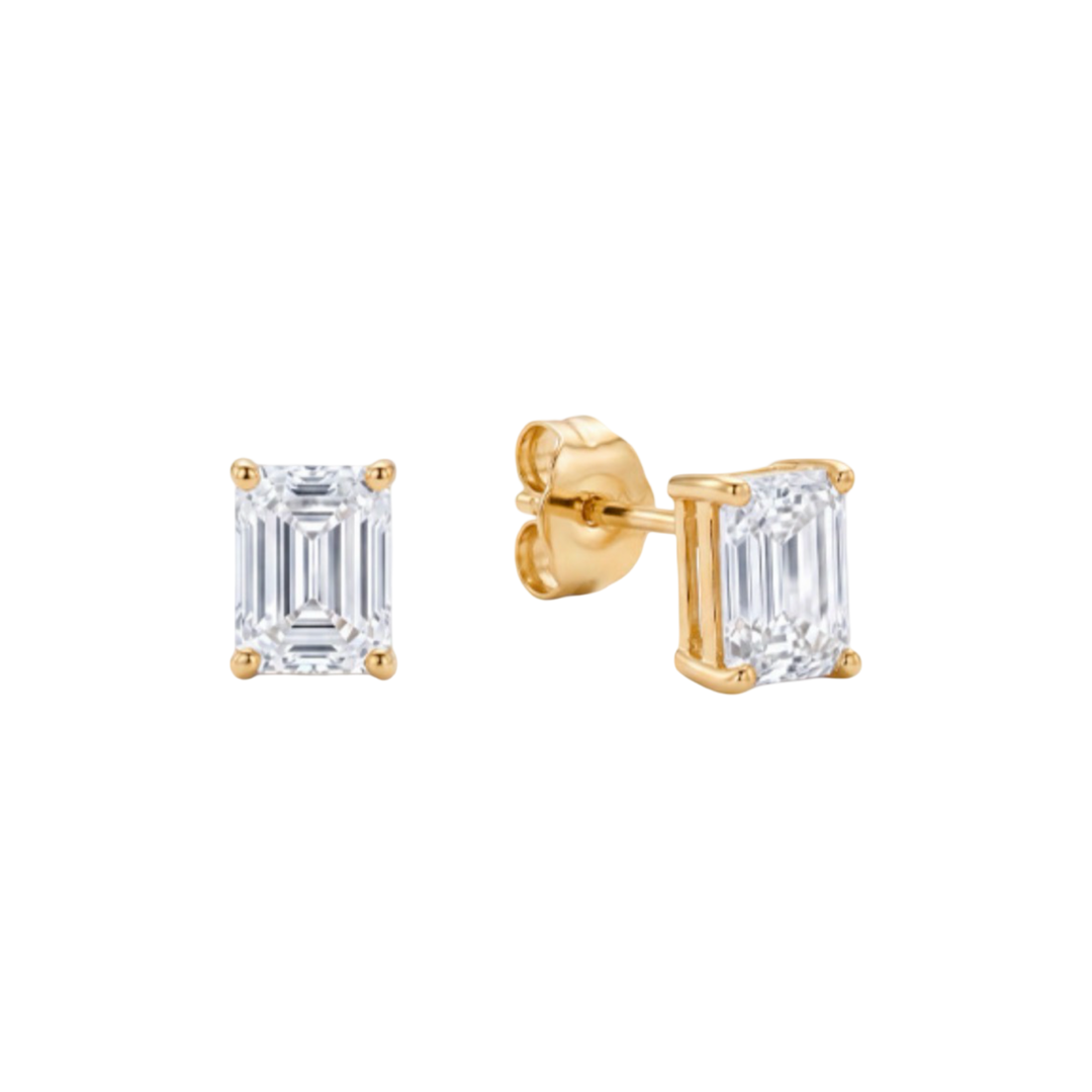 18K Yellow Gold Emerald Lab Diamond Studs Pushbacks