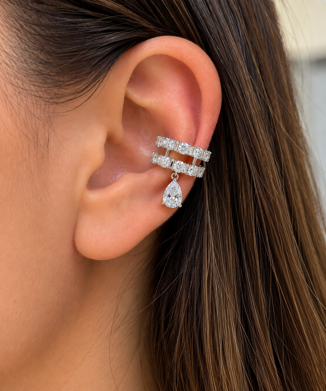 14K White Gold Lab Diamond Ear Cuff with Pear Drop Double-row ear cuff design