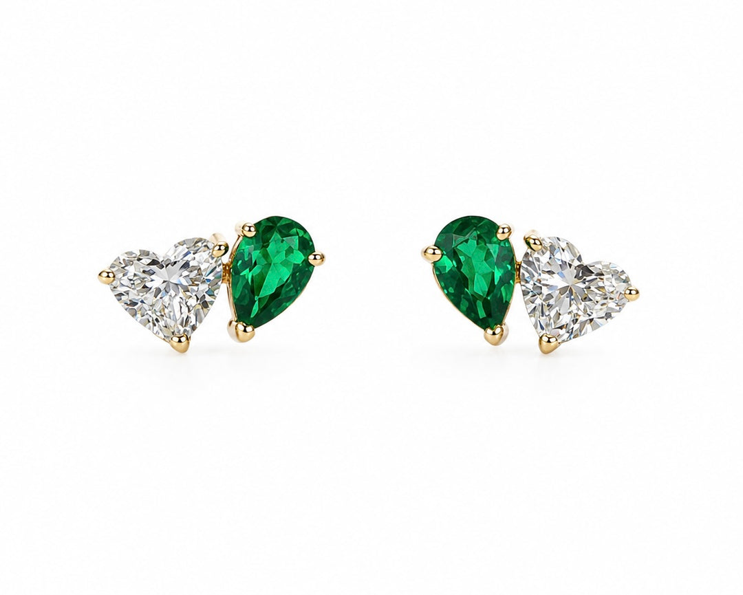 14K Yellow Gold Lab Emerlad Lab Diamond Earrings Pushbacks ( Toi et Moi )