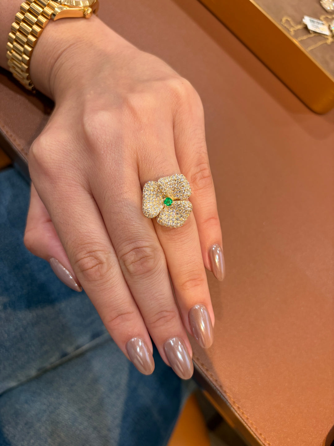 14K Yellow Gold Diamond and Emerald Fancy Flower Ring