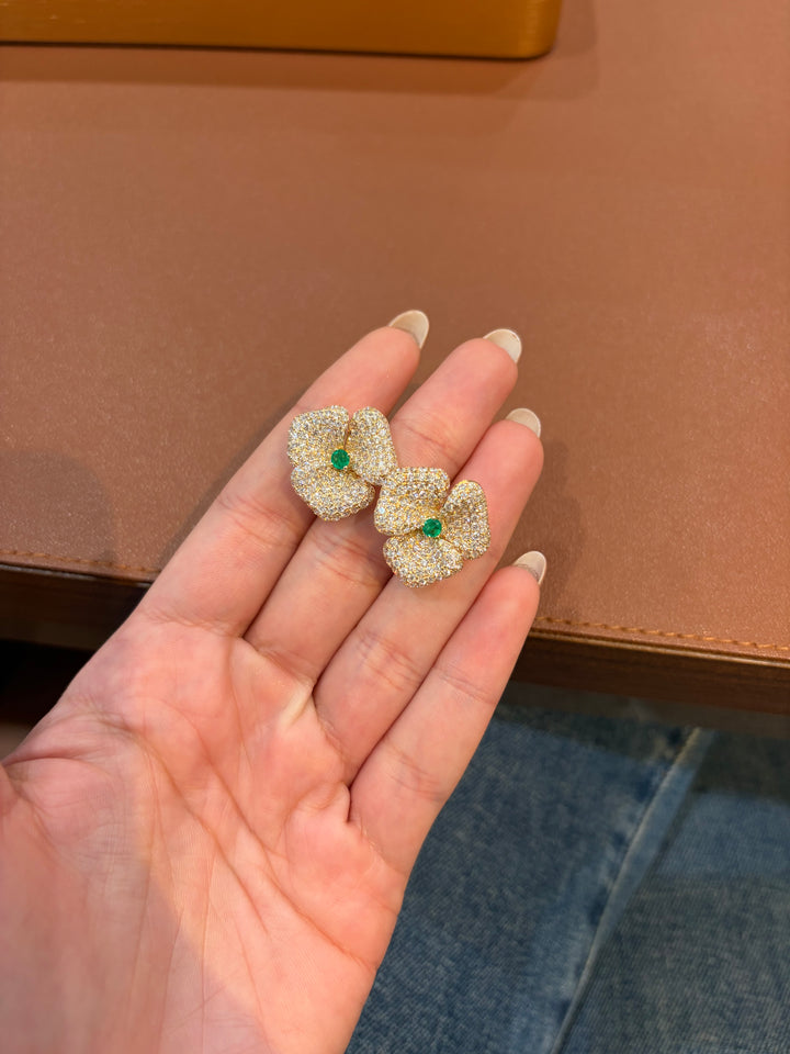 14K Yellow Gold Diamond and Emerald Fancy Flower Earrings Pushbacks