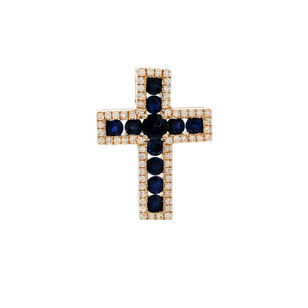 14K Yellow Gold Sapphire And Diamond Cross Pendant