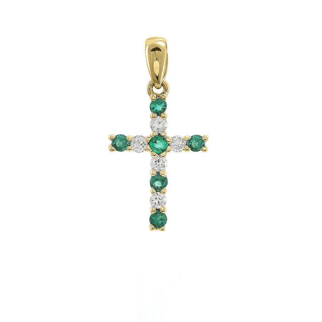 14K Yellow Gold Diamond And Emerald Cross Pendant
