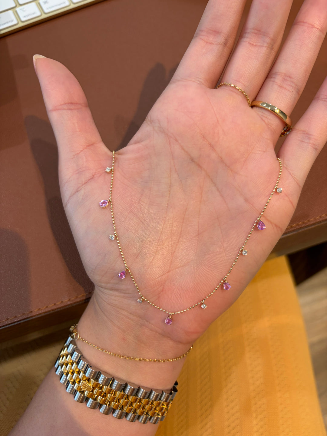 14K Yellow Gold Drops Pink Sapphires and Diamonds Balls Necklace