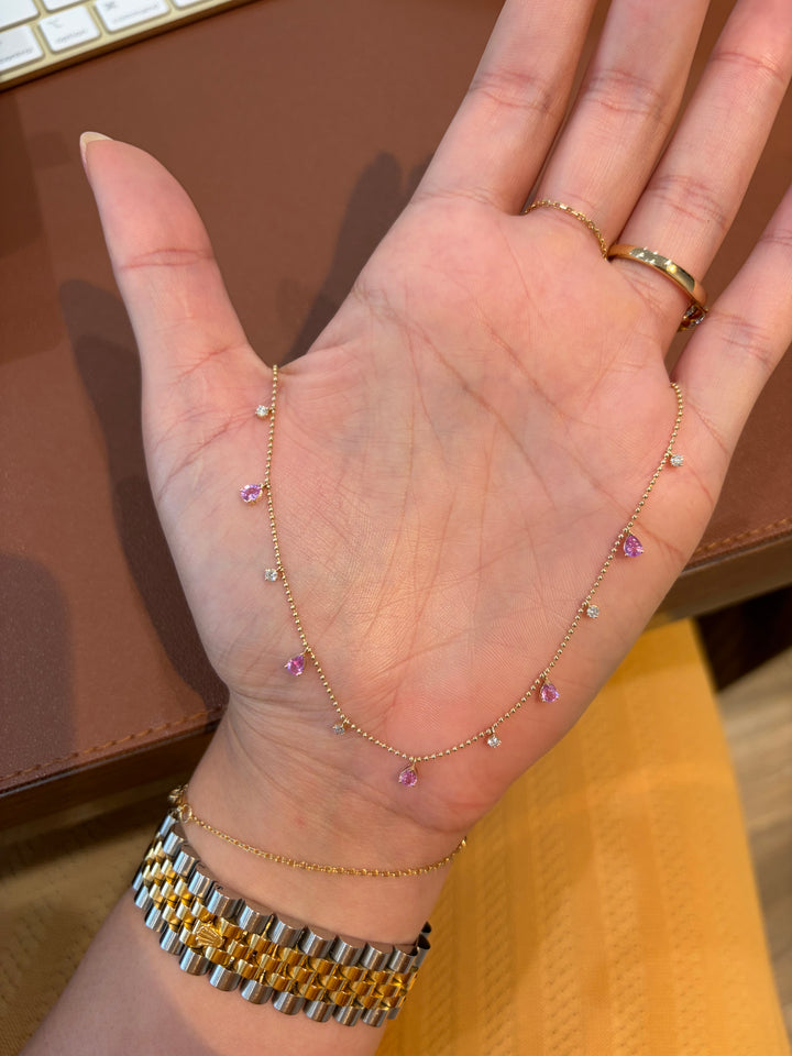 14K Yellow Gold Drops Pink Sapphires and Diamonds Balls Necklace