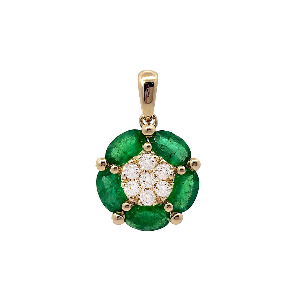 14K Yellow Gold Diamond and Oval Emerald Flower Necklace