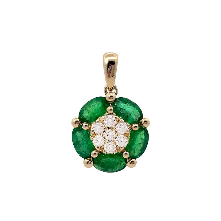 14K Yellow Gold Diamond and Oval Emerald Flower Necklace