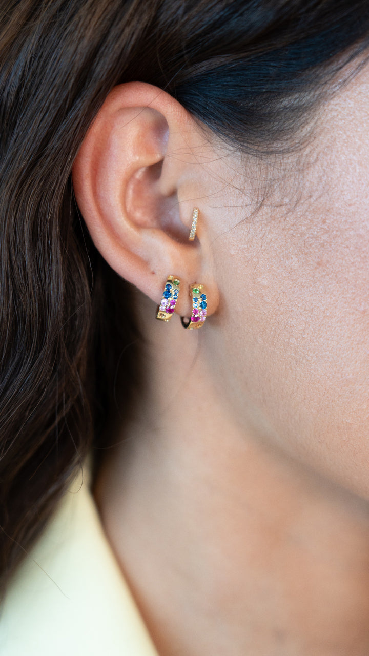 14K Yellow Gold Hoop Multi Gem Rainbow Earring