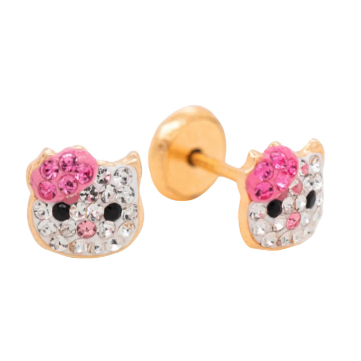 14K yellow Gold and Zirconia Cat Pink Bow Earrings Screwbacks