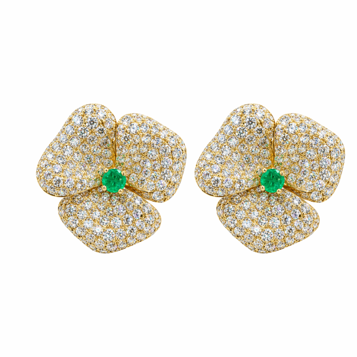 14K Yellow Gold Diamond and Emerald Fancy Flower Earrings Pushbacks