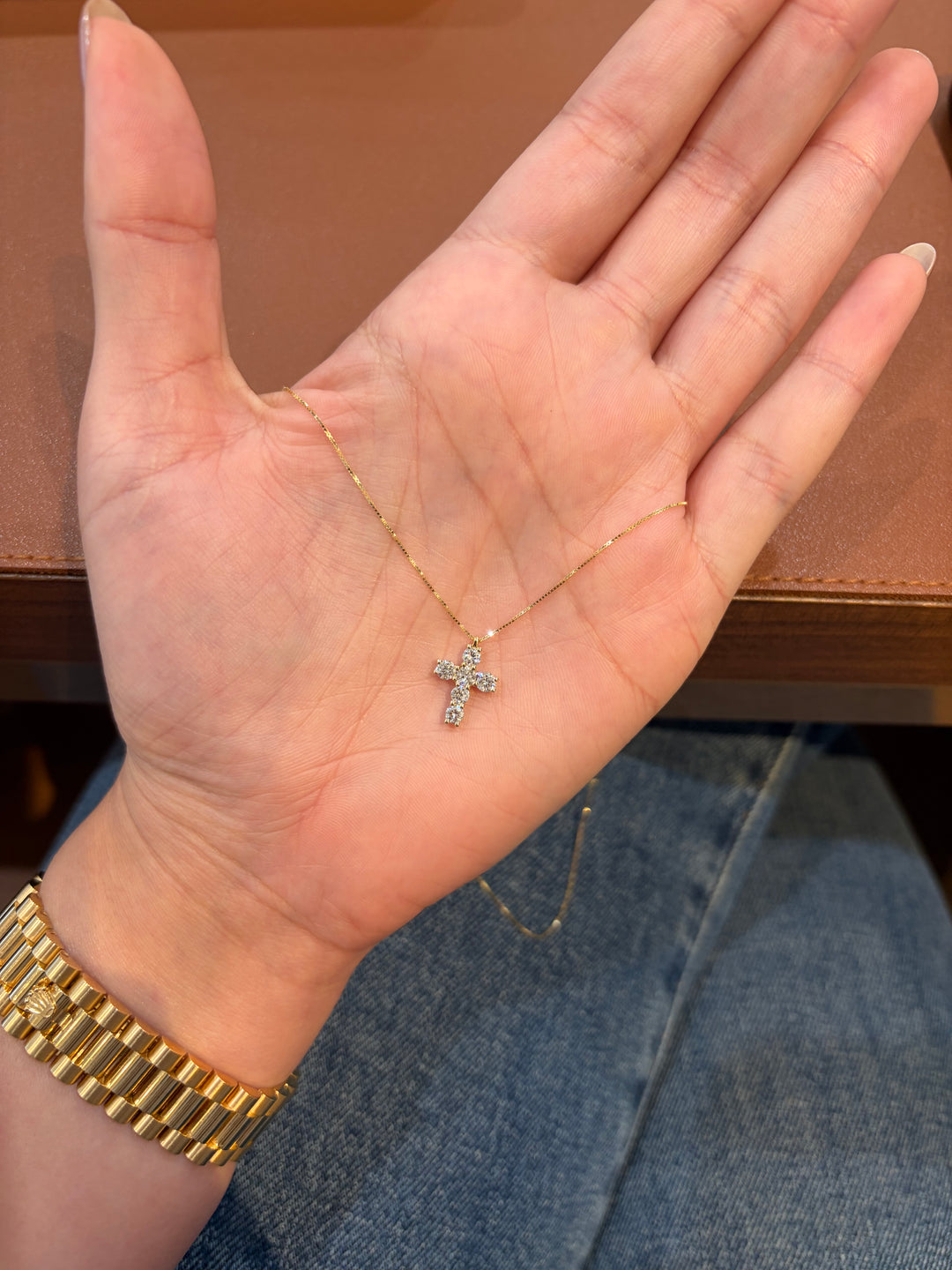 14K Yellow Gold Lab Diamond Small Cross Necklace