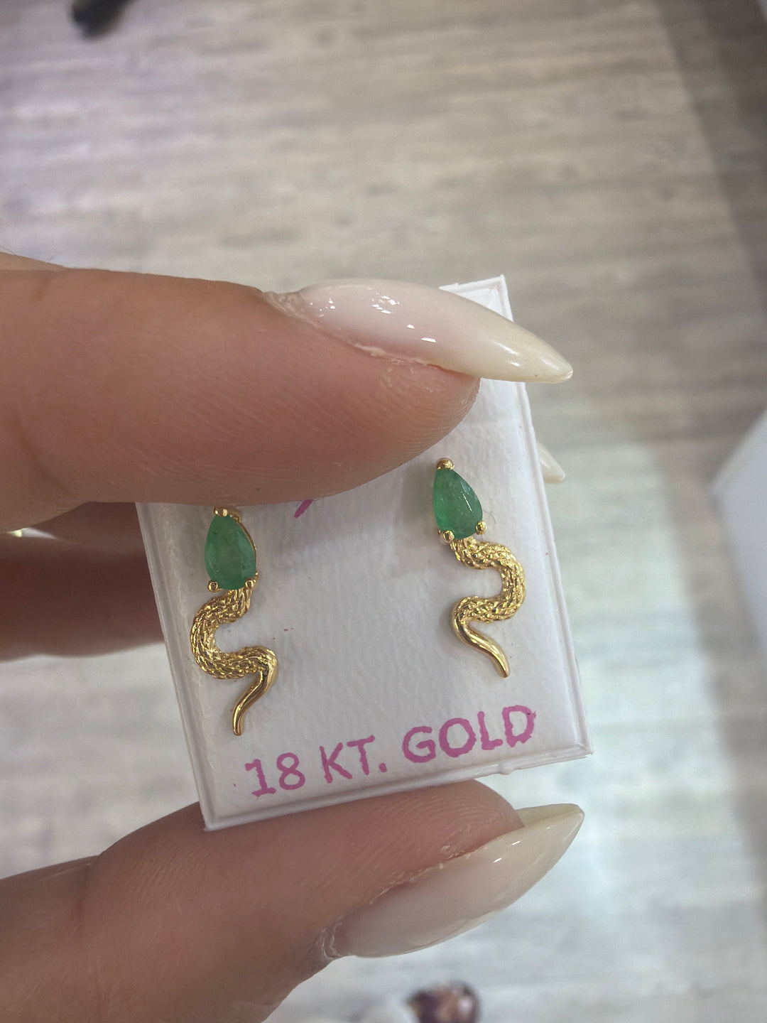 18K Yellow Gold Emerald Snake Earrings Pushbacks