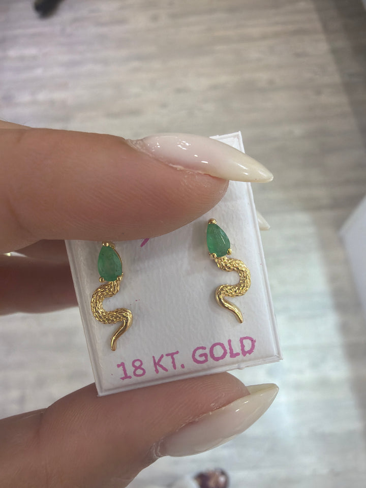 18K Yellow Gold Emerald Snake Earrings Pushbacks