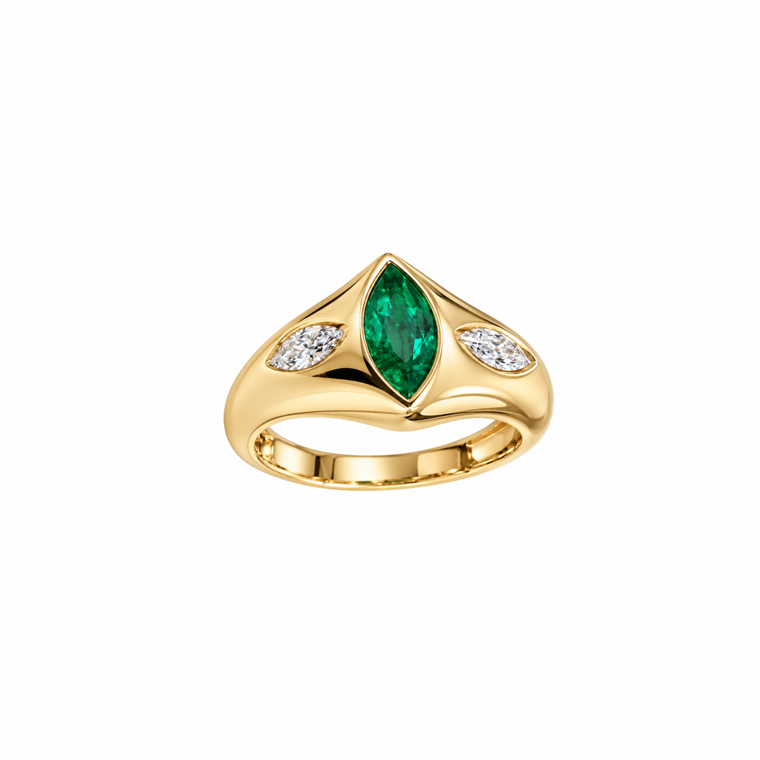 14K Yellow Gold Marquise Diamonds and Marquise Emerlad Pinky Ring