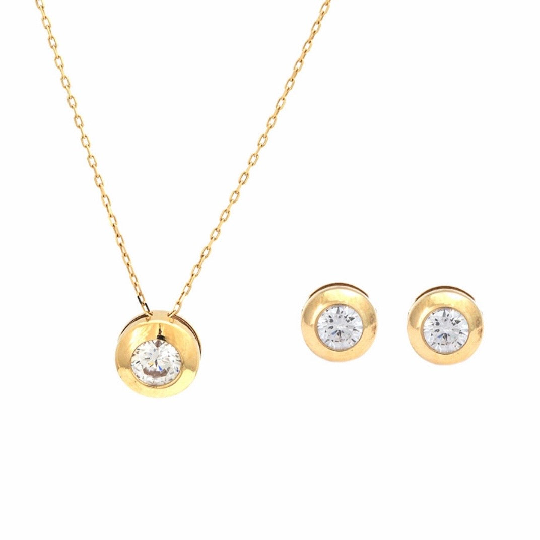 14K Yellow Gold bezel zirconia Set Necklace and Earrings Screwbacks