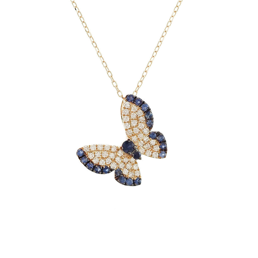 14K Yellow Gold Butterfly Blue Sapphire Necklace