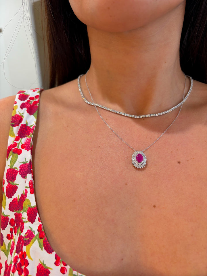 14K White Gold 1.15 CT Diamond Ruby 1.85 CT Diana Inspired Necklace