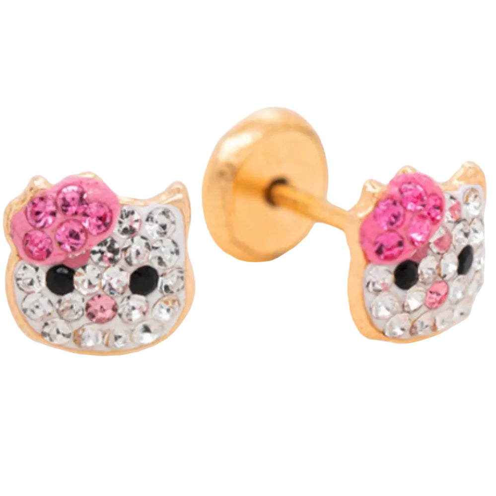 14K yellow Gold and Zirconia Cat Pink Bow Earrings Screwbacks