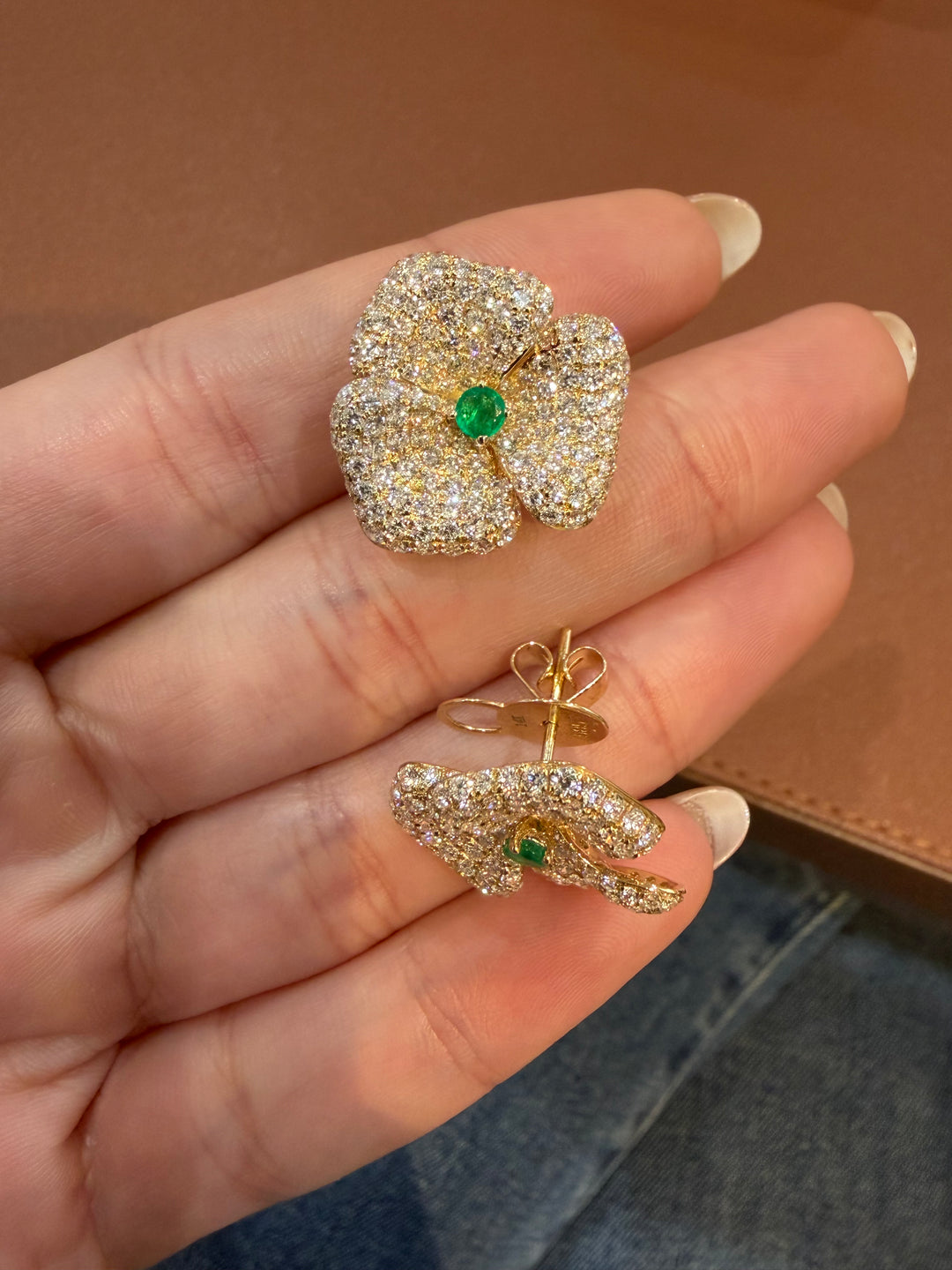 14K Yellow Gold Diamond and Emerald Fancy Flower Earrings Pushbacks