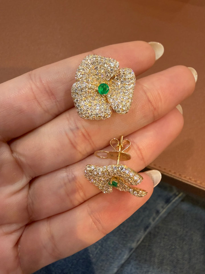 14K Yellow Gold Diamond and Emerald Fancy Flower Earrings Pushbacks