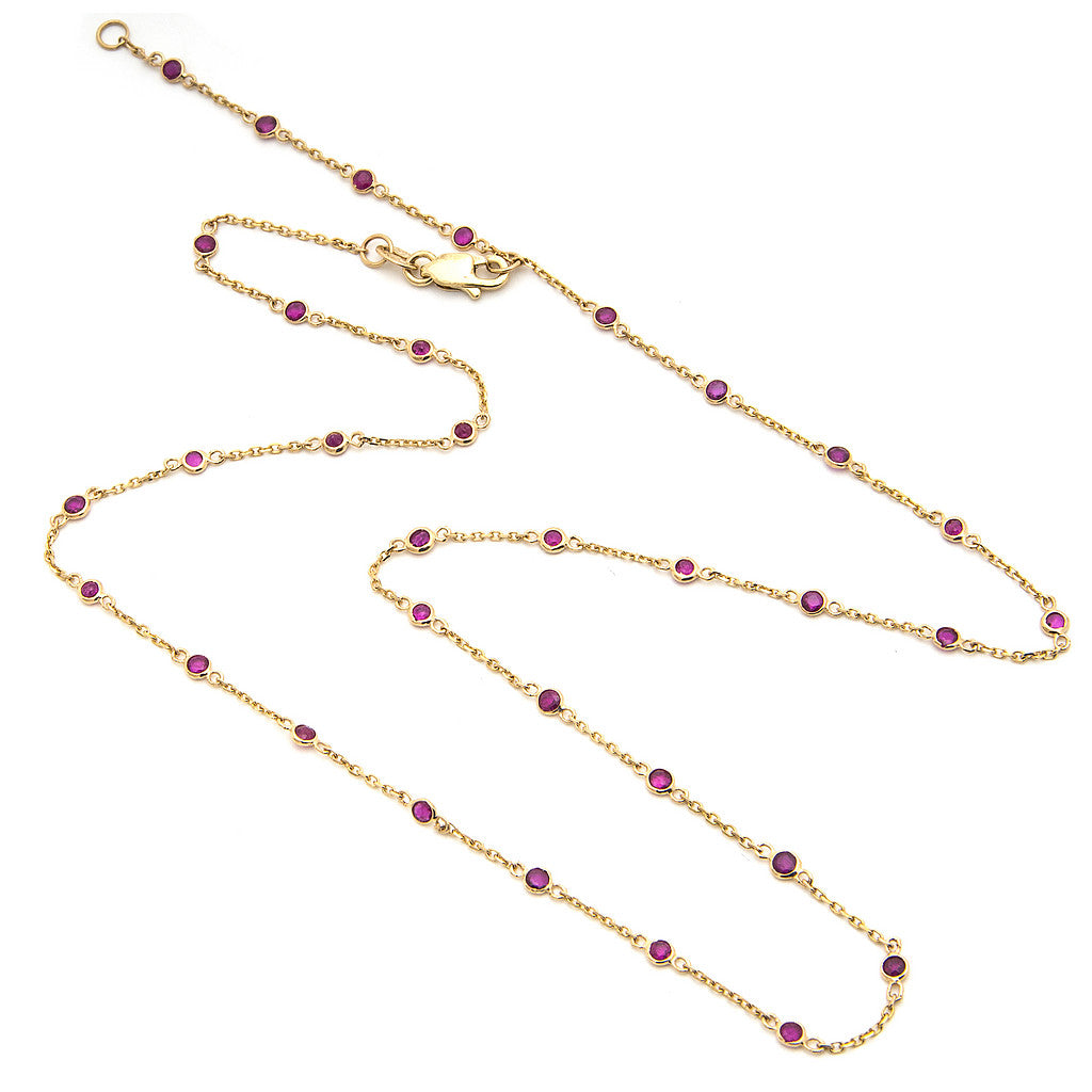 14K Yellow Gold Diamond By The Yard Round Bezel Ruby Necklace