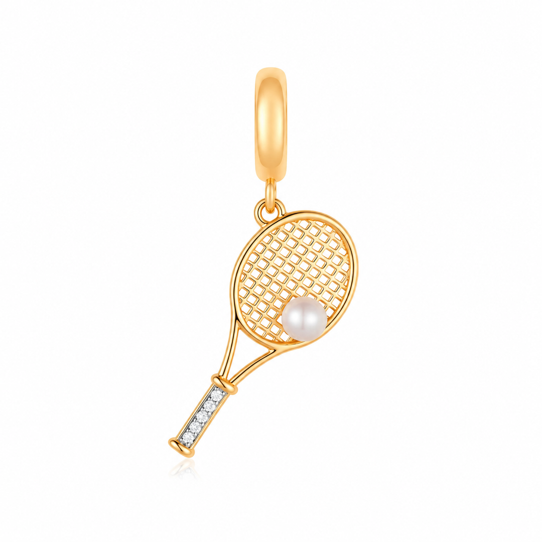 14K Yellow Gold Tennis Racket Pearl Accent Charm Pendant