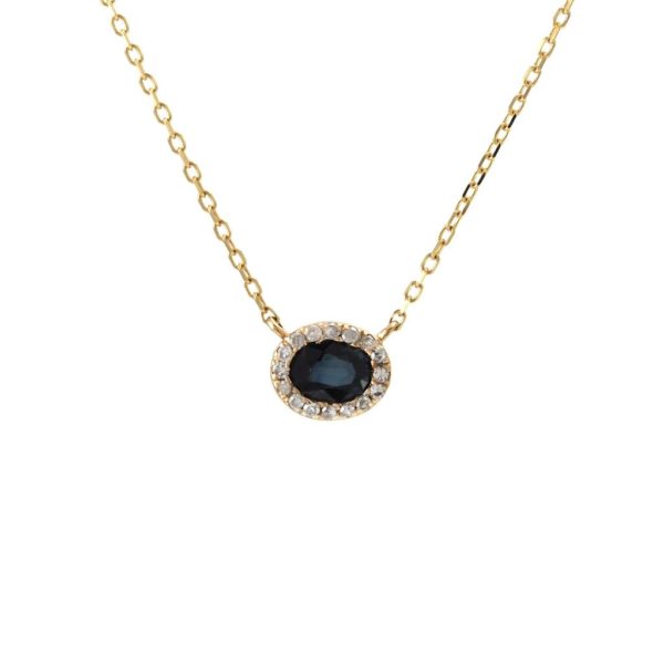 14K Yellow Gold Oval and Diamonds Bezel Sapphire Necklace