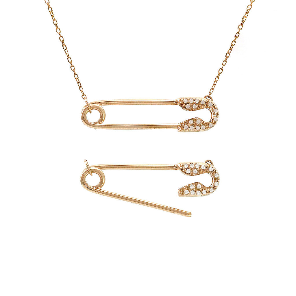 14K Yellow Gold Safety Pin Single Micro Pave Diamond Necklace