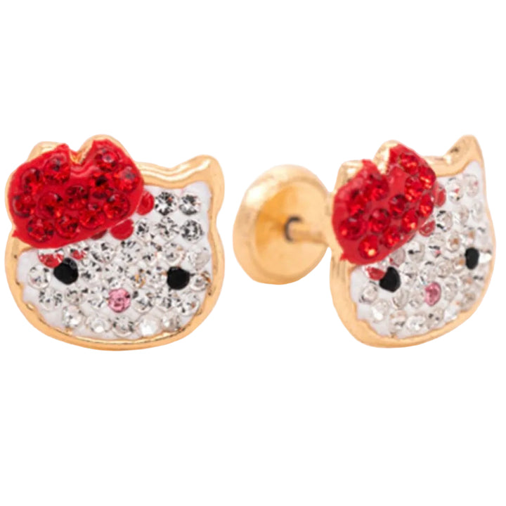 14K Yellow Gold and Zirconia Cat REd Bow Earrings Screwbacks