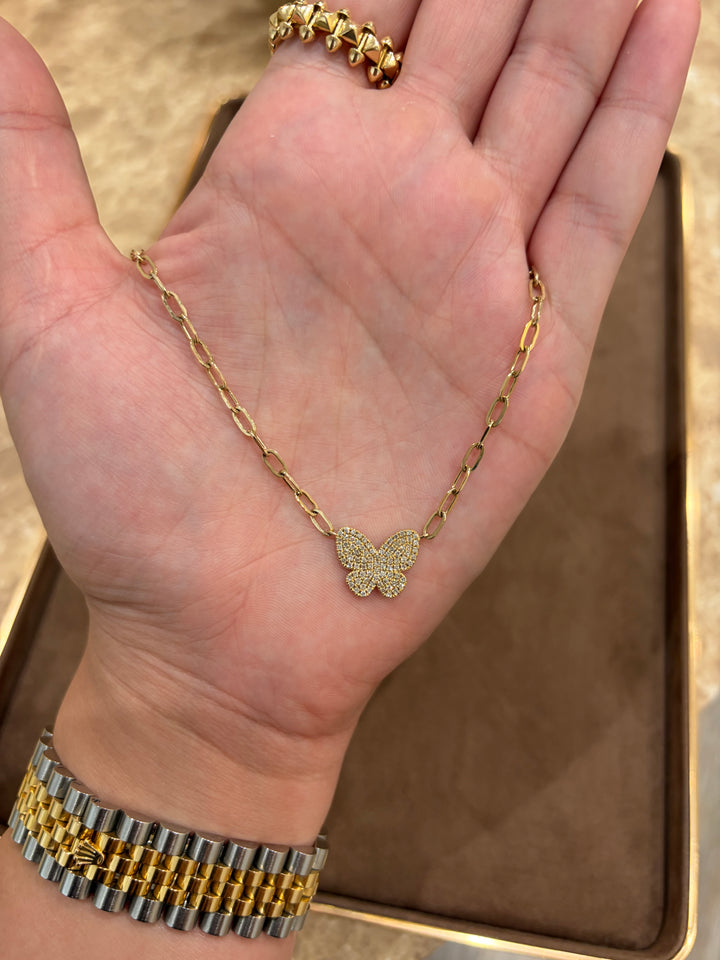 14K Yellow Gold Paper Clip and Diamond Butterfly Necklace