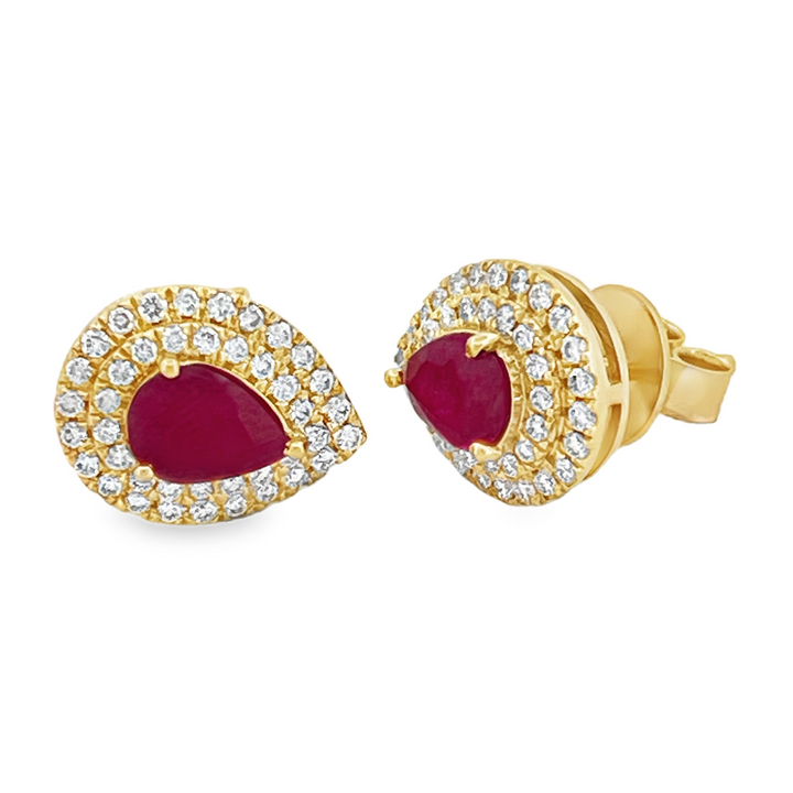 14K Pear Ruby yellow gold and diamonds Earrings pushbacks