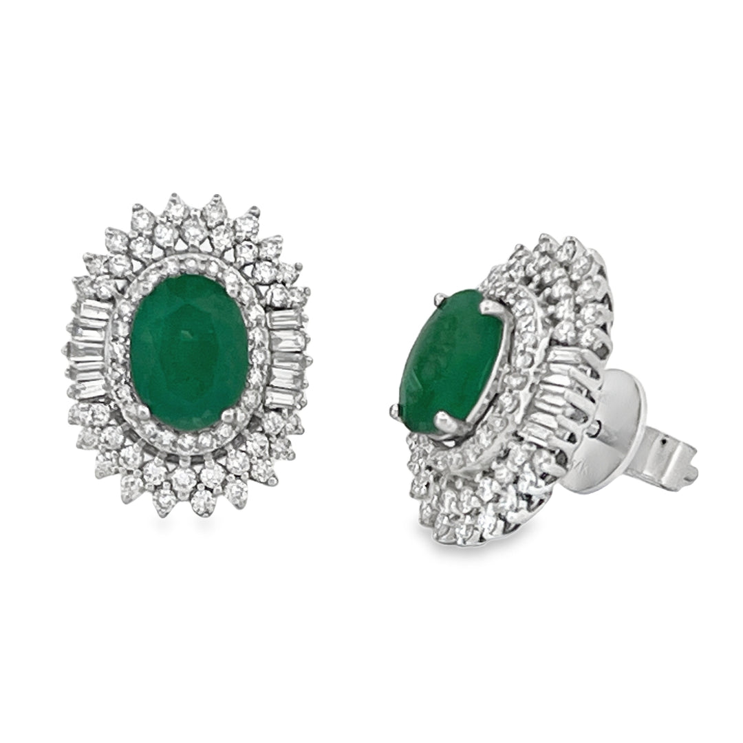 14K White Gold 1.15 CT DIAMOND EMERALD 2.05 CT EARRINGS DIANA INSPIRED PUSHBACK