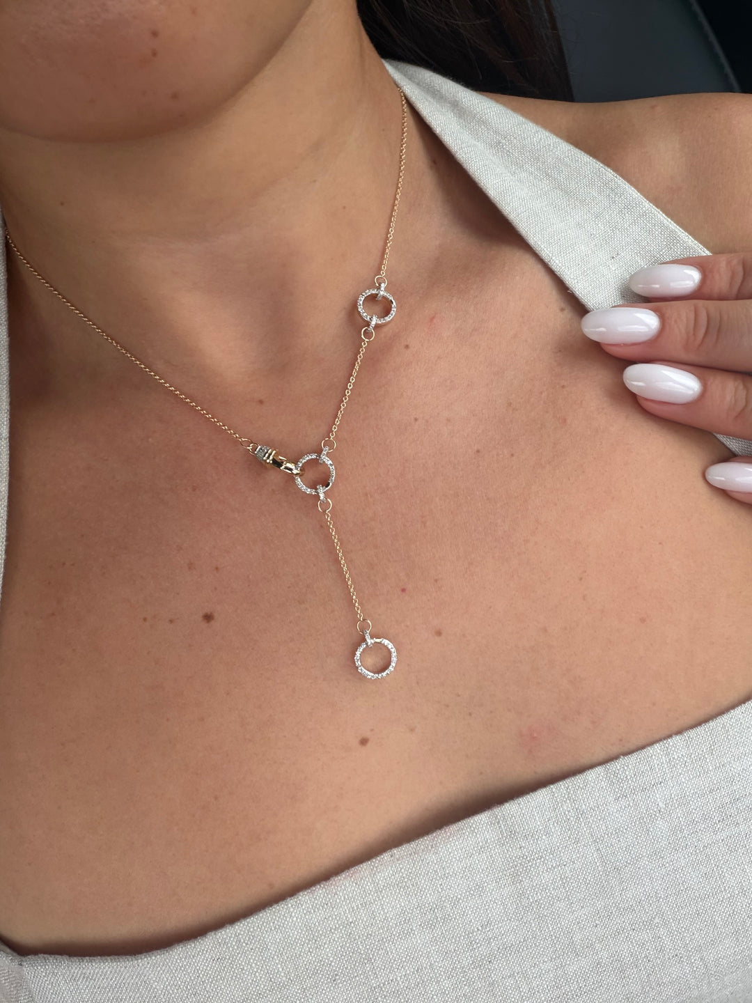 14K Yellow Gold and Diamonds Interlocking O-Ring Lariat Strand Necklace
