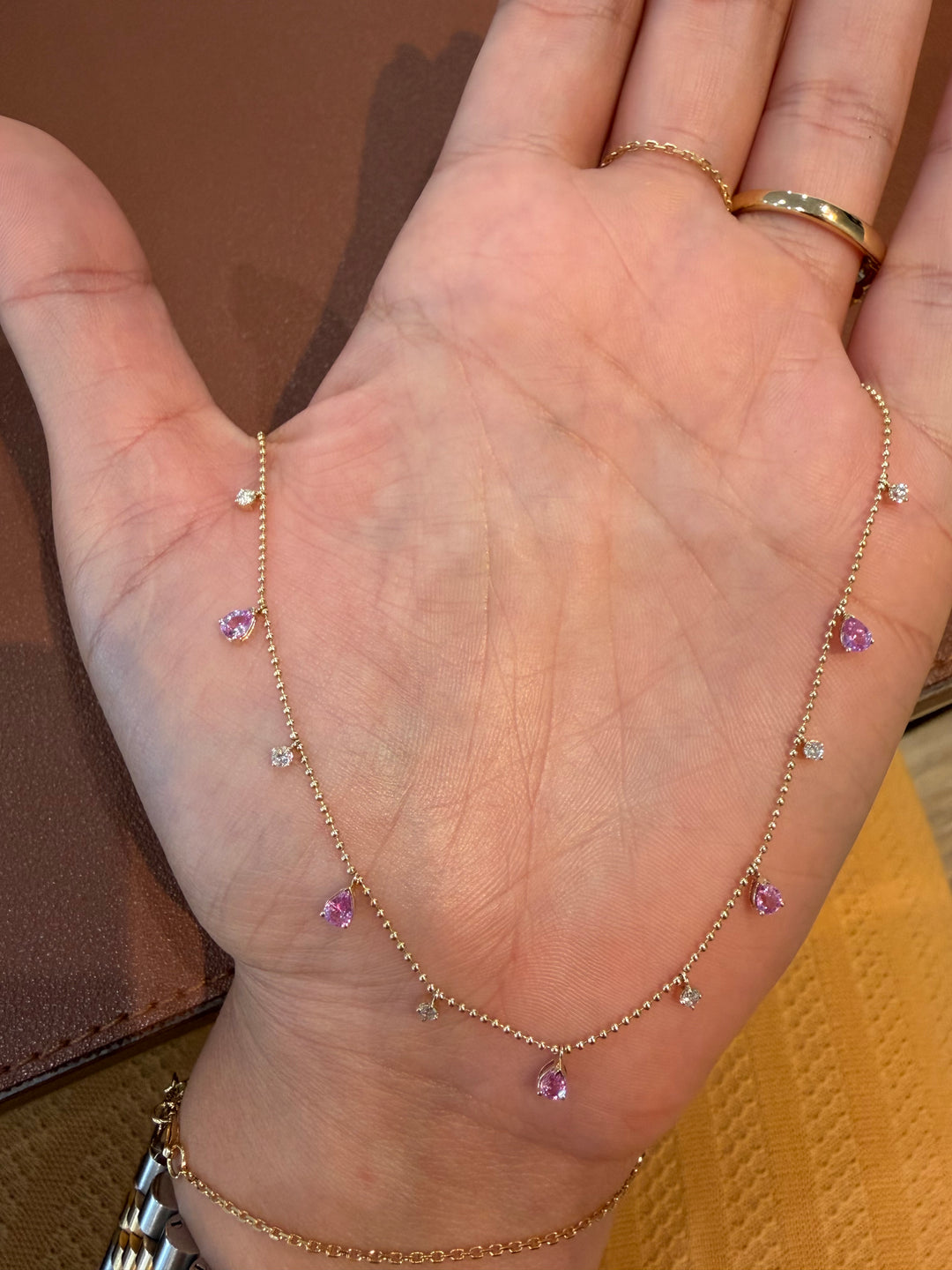14K Yellow Gold Drops Pink Sapphires and Diamonds Balls Necklace