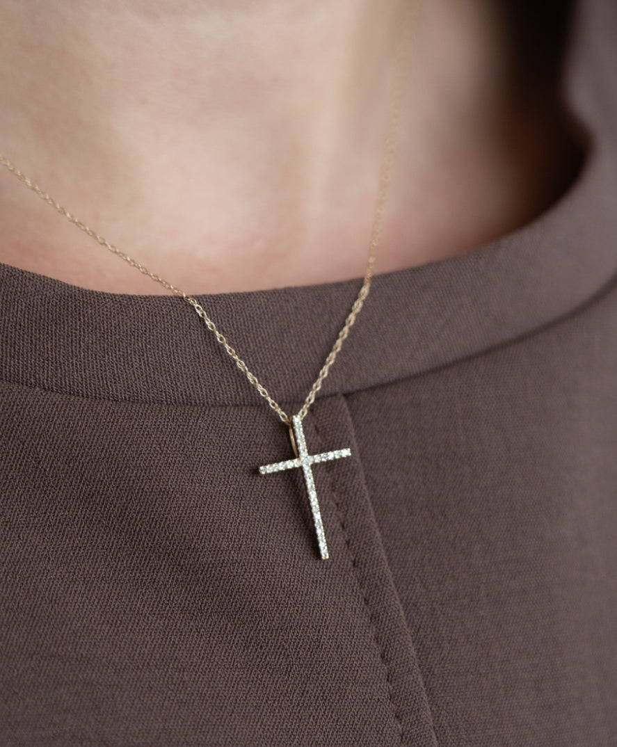 14K Gold Cross Single Prong Diamond Necklace