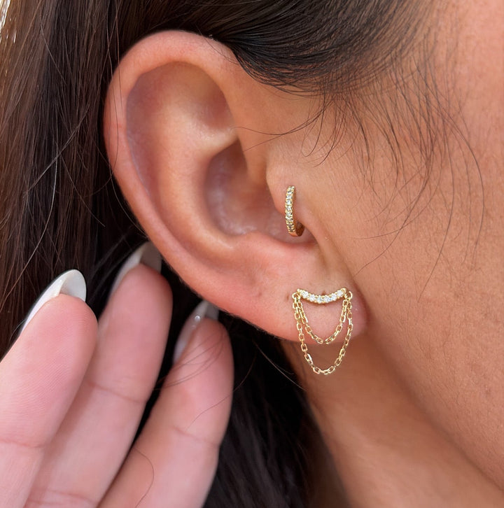 14K Yellow Gold Sngle Micro Pave Diamond Earring with Chain