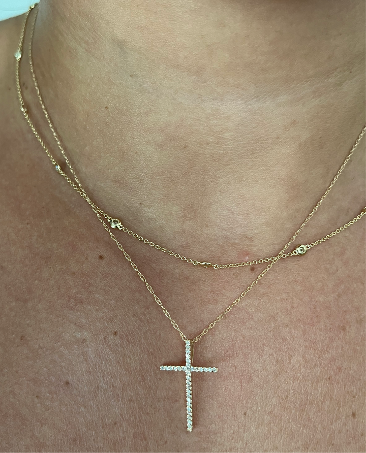 14K Gold Cross Single Prong Diamond Necklace