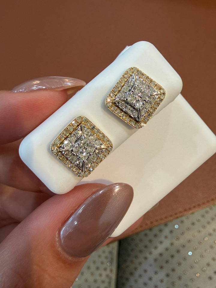 14K Yellow Gold and Diamonds Square Earrings Screwbacks