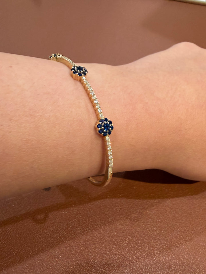 14K Yellow Gold Diamonds and Sapphire Flower Bangle Bracelet