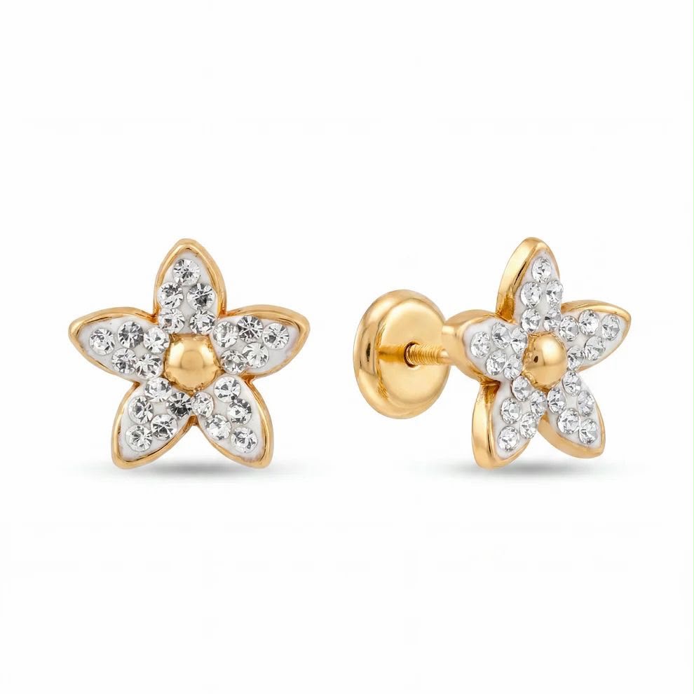 14K Yellow Gold Crystal Flower Stud Screwback Earrings
