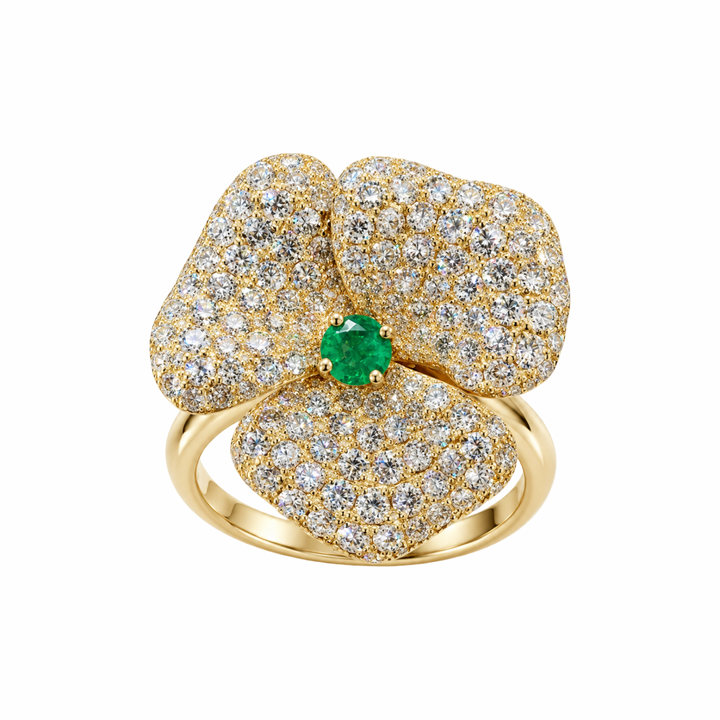 14K Yellow Gold Diamond and Emerald Fancy Flower Ring