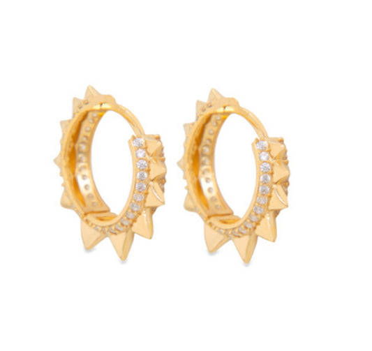 Yellow Gold + CZ Spike Huggie Hoop Earrings