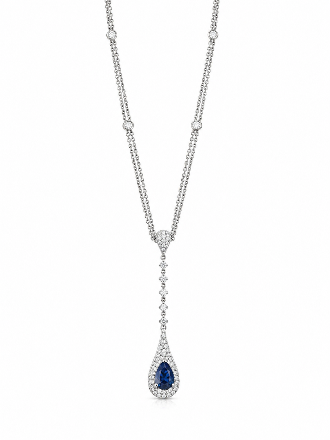 14K White Gold Fine Jewelry Diamonds and Sapphire Drop Necklace