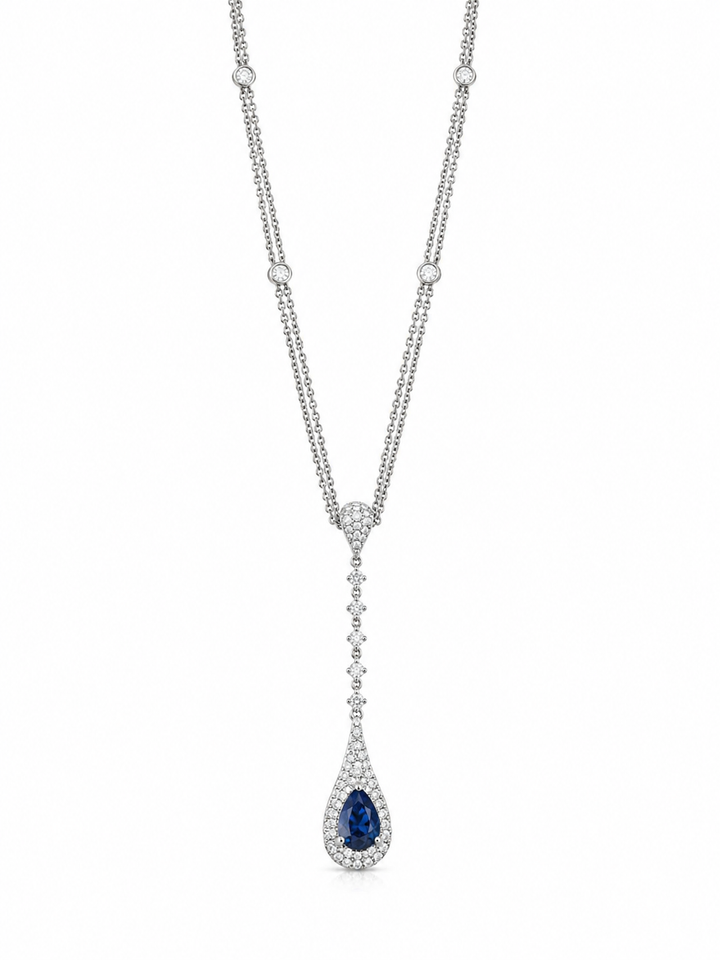14K White Gold Fine Jewelry Diamonds and Sapphire Drop Necklace