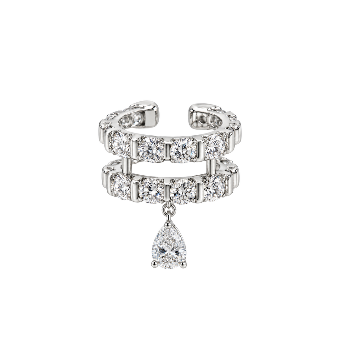 14K White Gold Lab Diamond Ear Cuff with Pear Drop Double-row ear cuff design