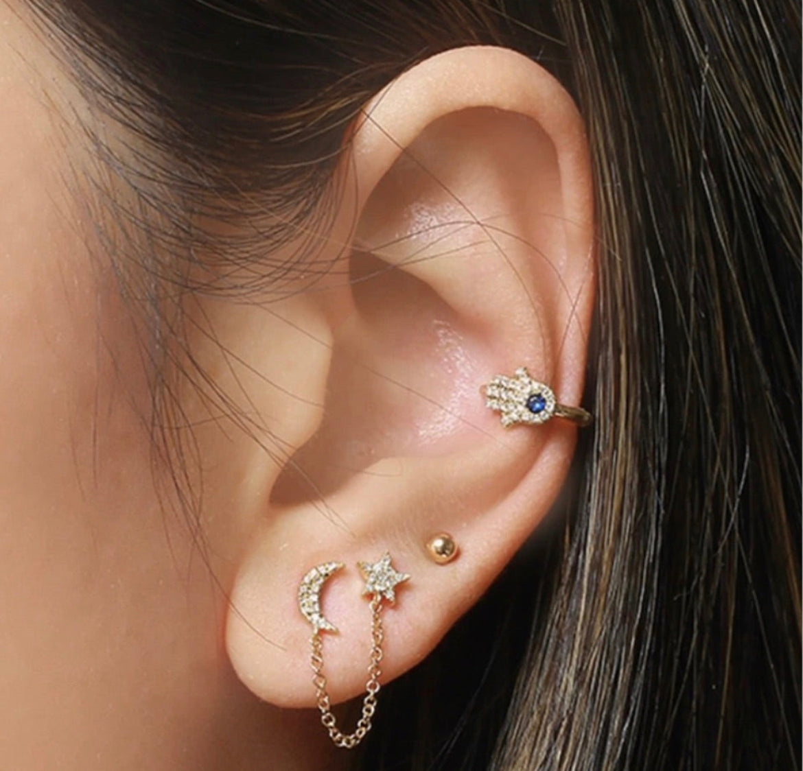 0.02 ct diamond moon + stars hanging chain earrings 14k + diamond 💎