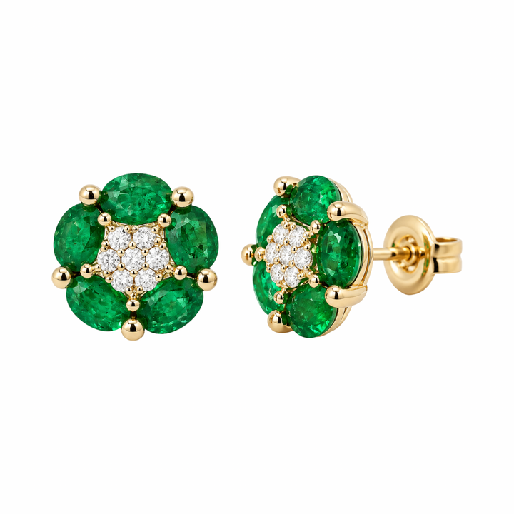 14K Yellow Gold Diamonds Oval Prong Emerald Flower Earrings Pushbacks