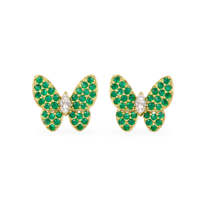 14K Yellow Gold Emeralds and Diamond Butterfly Earrings Pushback